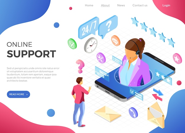 Online isometric customer support concept. Mobile call center with female consultant, headset, chat icons. landing page template. isolated