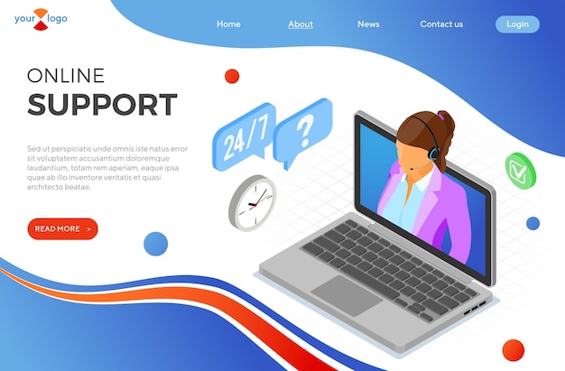 Online isometric customer support concept. mobile call center with female consultant, headset, laptop, chat icons. support 24h online. landing page template. isolated vector illustration