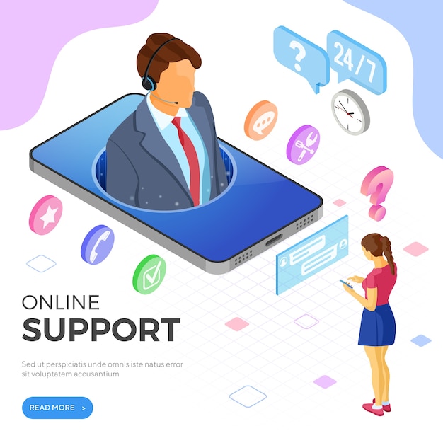 Online isometric customer support concept. mobile call center with male consultant, headset, chat icons. landing page template. isolated