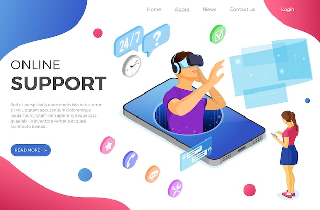 Online isometric virtual reality customer support concept. mobile call center with male consultant, headset, chat icons. landing page template. isolated vector illustration