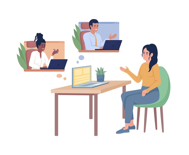 Online job meeting semi flat color vector character