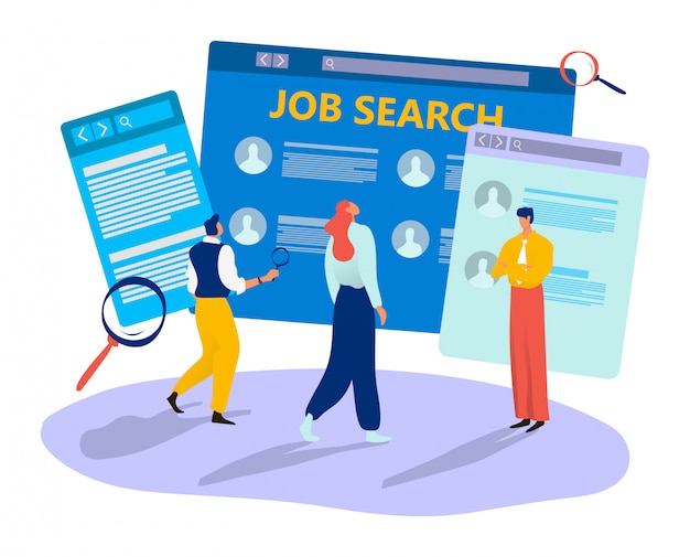 Online job search tiny character male female freelance job seeker  on white   illustration. modern internet human resources.