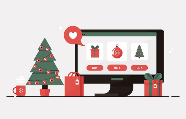 Online kerstinkopen op een computer met kerstboom, geschenkdozen, cadeautjes en decoraties voor winteruitverkoop