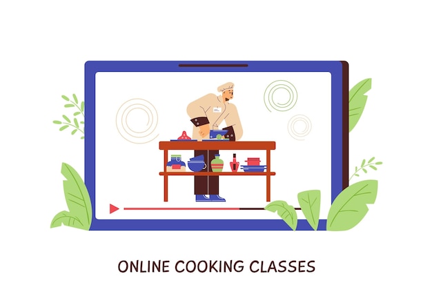 Vector online kooklessen conceptvideo van professionele chef-kok die platte vectorillustratie op wit kookt