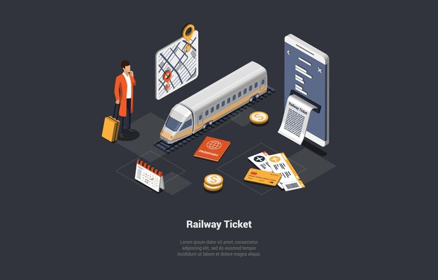 Vector online kopen van treinkaartjes mobiele app reizen met de trein concept man passagier kaartjes kopen en gaan op reis karakter bij de spoorlijn met trein en platform isometrische 3d-vector illustratie