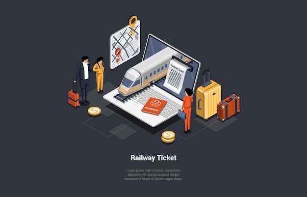 Online kopen van treinkaartjes reizen met de trein concept mannen en vrouwen passagiers kopen kaartjes en gaan op reis karakter bij de spoorlijn met trein en platform isometrische 3d vectorillustratie