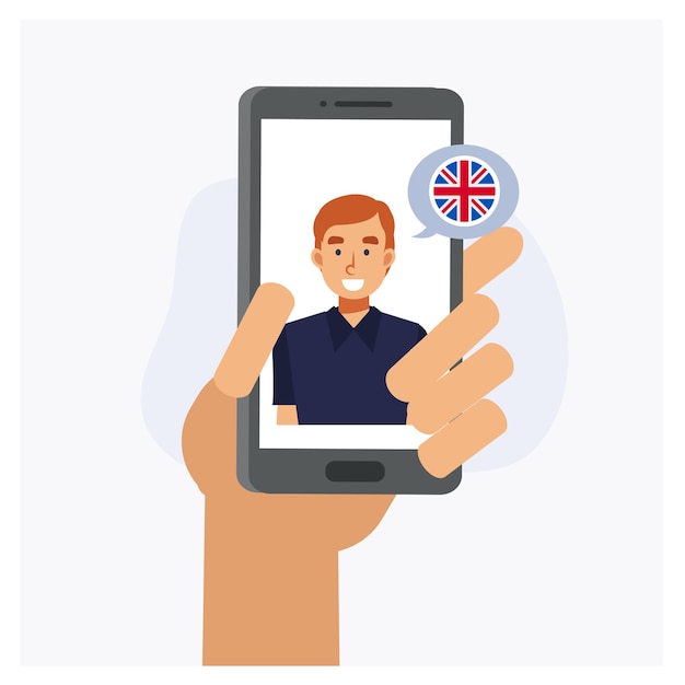 Online language learning concept. Mobile app chat, video call. Learning English language online concept. Flat vector cartoon character illustration.