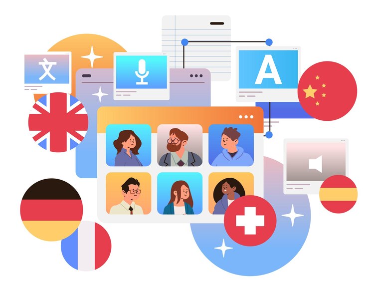 Vector online language learning video conference diverse participants international flags icons colorful background