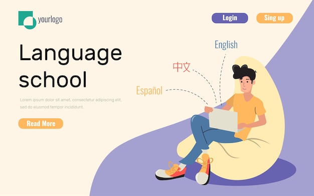 ランディングページのウェブサイトのオンライン語学学校のコンセプトUIUXデザインのテンプレート