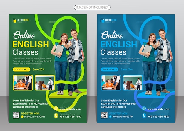 Online learn English language course lessons flyer design template