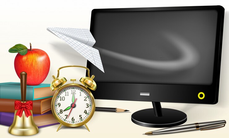 Vector online learning - back to school. home learning, computer, flying paper airplane stationery, alarm clock, apple, books, school bell.