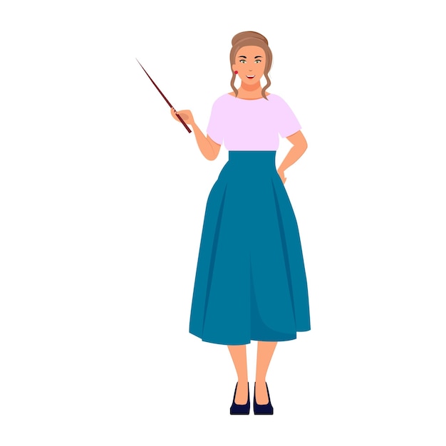 Vector online learning concept.  back to school. female teacher with pointer stick in dress. vector illustr