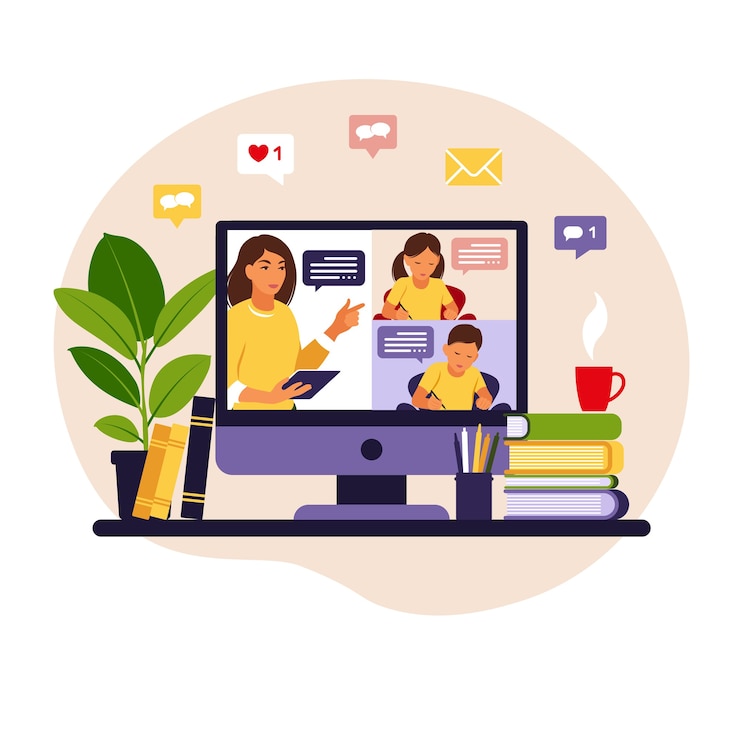 Vector online learning concept. online class. teacher at chalkboard, video lesson. distance study at school.  flat style.