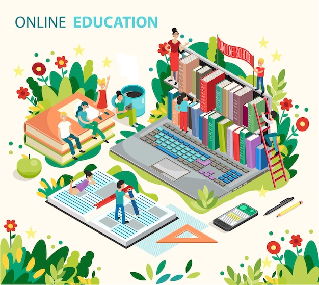 ベクトル オンライン学習の概念。ラップトップを使用したオンライン教育。通信教育。ベクトルイラスト。