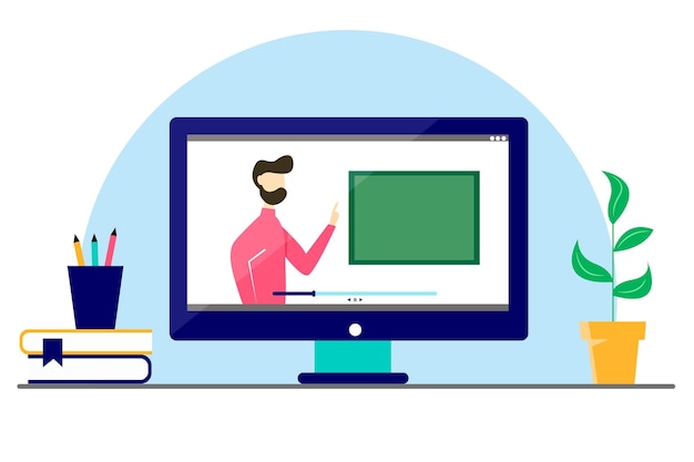 Online learning concept The teacher conducts the lesson online Vector flat style illustration