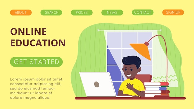 Vector online learning and education template with boy studying with computer remotely. vector flat illustration for landing page or online website.