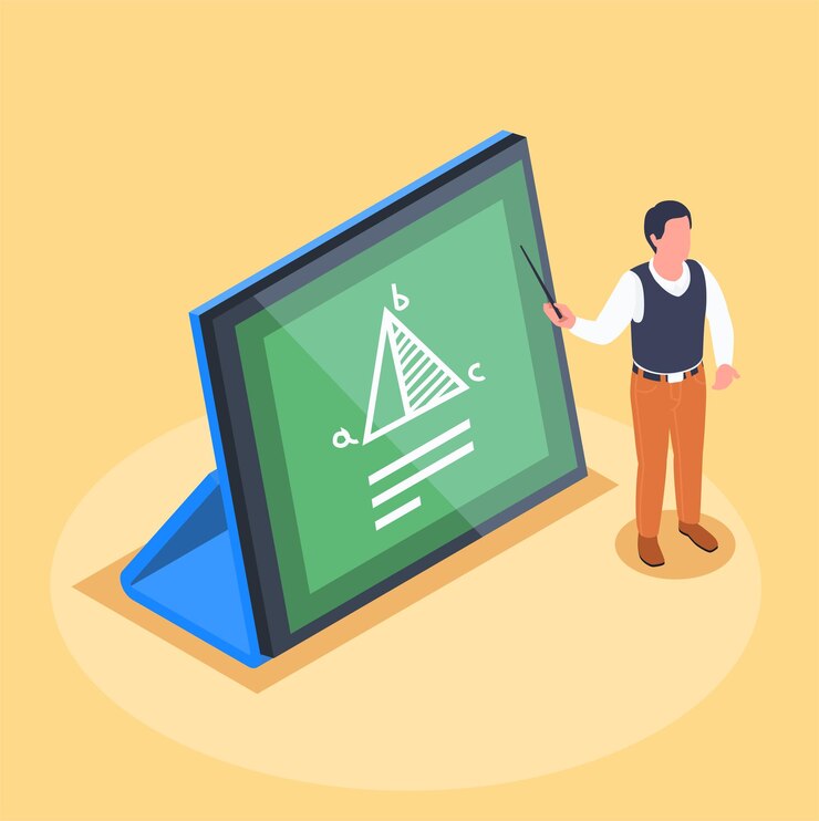Vector online learning isometric composition with tablet and maths teacher holding pointer