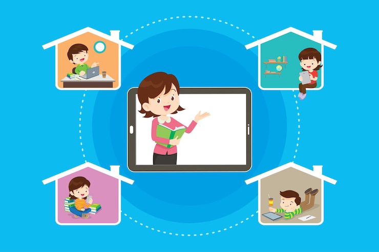 Vector online learning kids.online teacher on computer monitor. kids studying at home via internet.