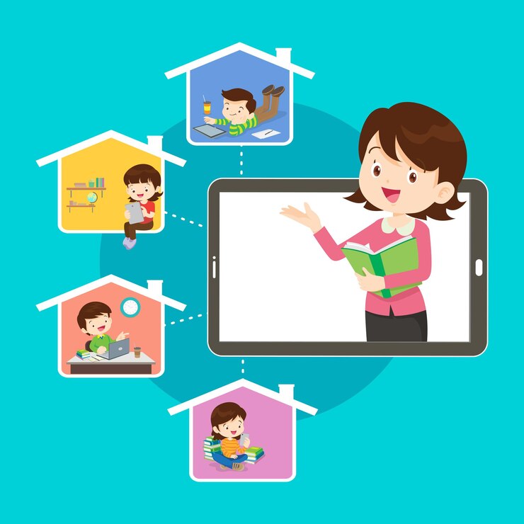 Vector online learning kids.online teacher on computer monitor. kids studying at home via internet.