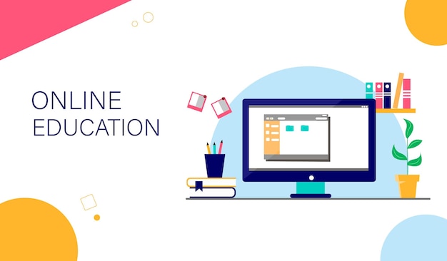 オンライン学習のランディング ページ テンプレート。デスクトップのベクトル図