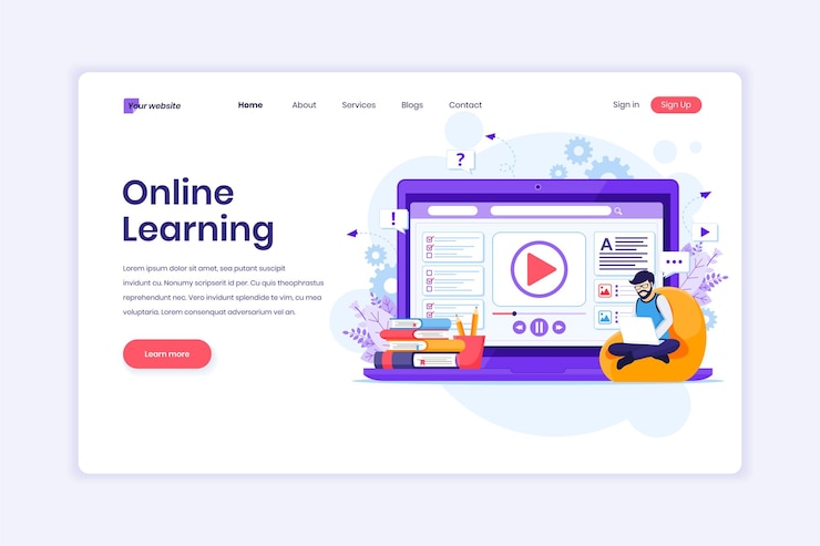 Vector online learning a man with laptop learning online video at home illustration