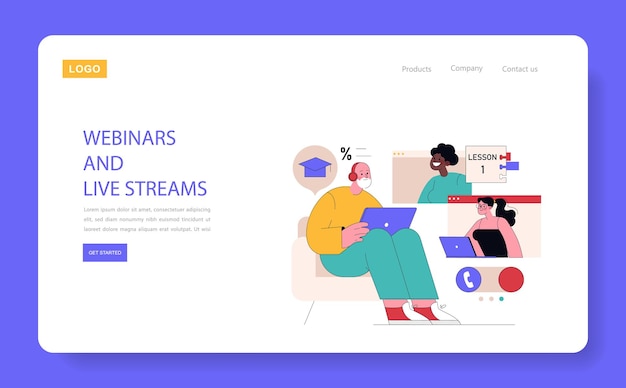 Концепция платформы онлайн-обучения: различные персонажи участвуют в веб-семинарах и живых образовательных сессиях
