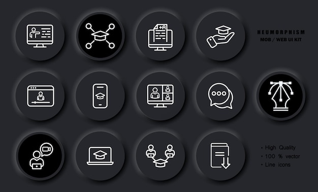 Online learning set icon Ebook academic cap distance student phone computer internet headphone laptop worldwide textbook home Education concept Neomorphism Vector line icon for Business