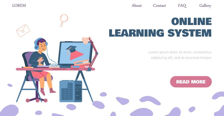Vector online learning system site template with child boy flat vector illustration