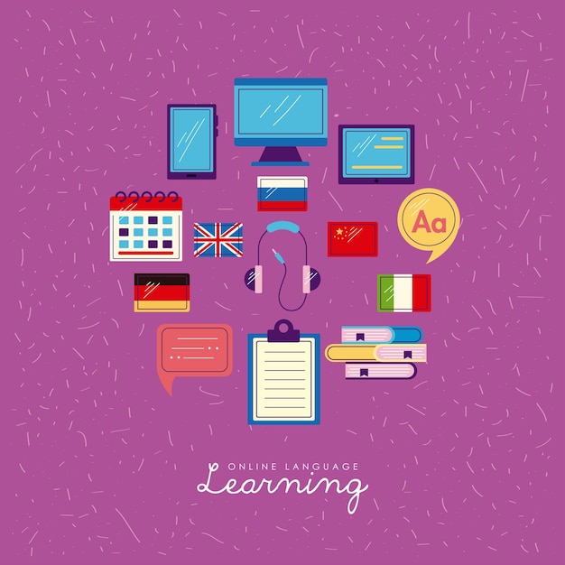 Vector online lenguage learning icons around