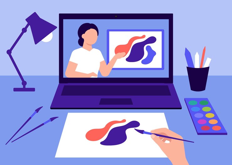 Vector online lesson learning to draw on laptop at home workplace with teacher drawing creative process
