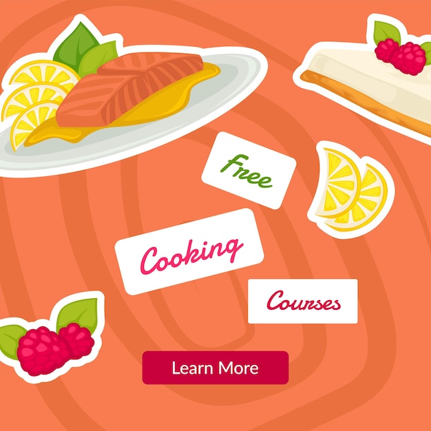 Online lessons and classes for cooking courses. Education and learning skills for free. Prepared meals and dishes desserts. Promo banner, advertisement or food presentation. Vector in flat style