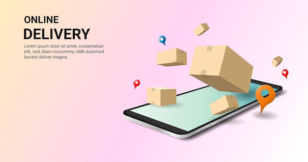 Online levering concept Online order tracking Warehouse pakketdoos of kartonnen doos koerier bezorger logistiek online winkelen Aflevering op mobiel 3D Perspectief Vector illustratie