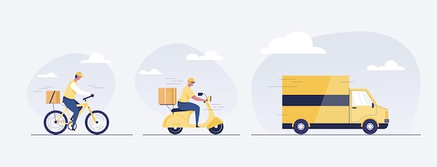 Online levering dienstverleningsconcept. bezorger, vrachtwagen, scooter en fiets. postbode. vector illustratie.