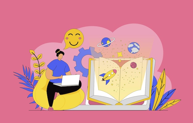 Online lezen concept met modern plat ontwerp voor het web Vrouw lezen e-boeken op laptop leren met digitale leerboek genieten van literatuur en het krijgen van internet informatie Vector illustratie