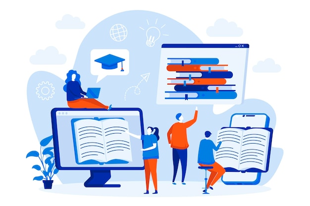 Online lezing webconcept met de illustratie van mensenkarakters