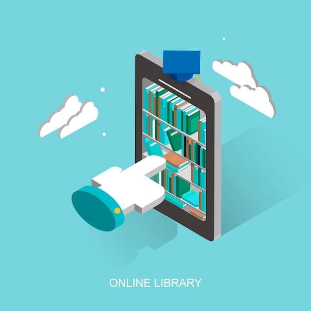 Vector online library concept in 3d isometric flat design