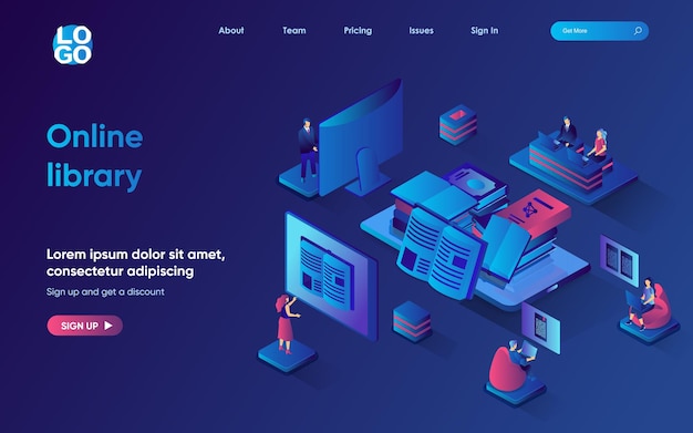 オンラインライブラリのコンセプト3dアイソメトリックWebランディングページ人々はコンピュータを使用して電子書籍や教科書を読む