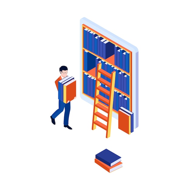 Online library concept with isometric bookcase on tablet screen and man carrying books