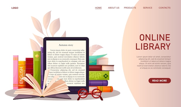 Vector online library digital bookstore reading app concept web banner electronic textbook reader books stack on table open book technology download literature read education vector illustration