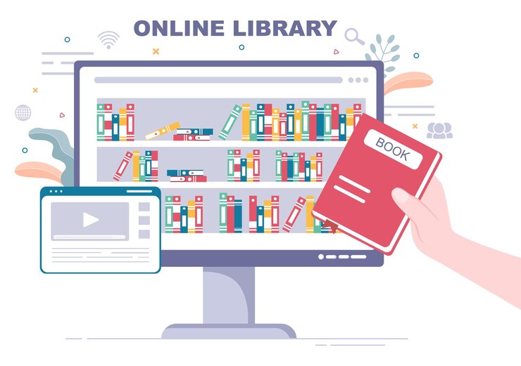 Vector online library digital education background illustration with distance learning, recorded classes, video tutorial to gain knowledge