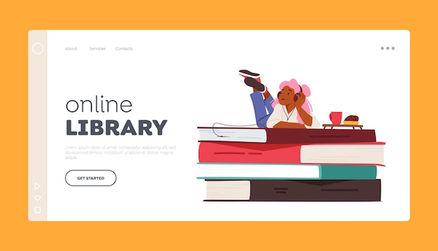 Online Library Landing Page Template Girl in Headphones Lying on Huge Pile Of Books Listen Online Stories