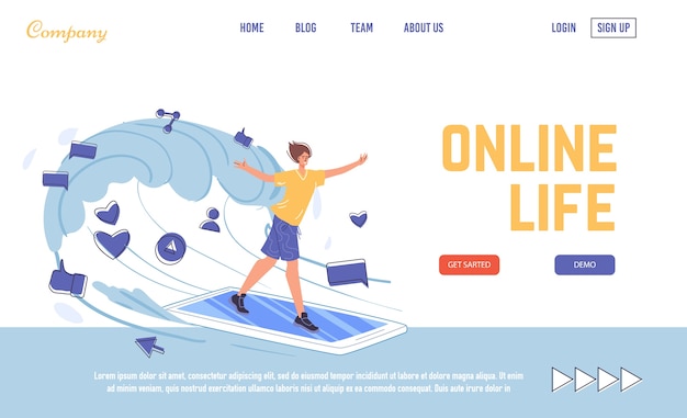 Vector online life, digital communication, wireless access to network information. young woman surfing internet networking browsing via smartphone. fast high speed connection. landing page design