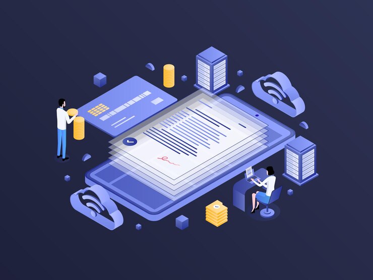 Vector online loan isometric dark gradient illustration suitable for mobile app website banner diagrams infographics and other graphic assets