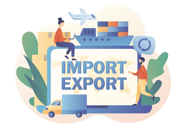 Online logistics business Import and export text on laptop screen Global trade Tiny people sale