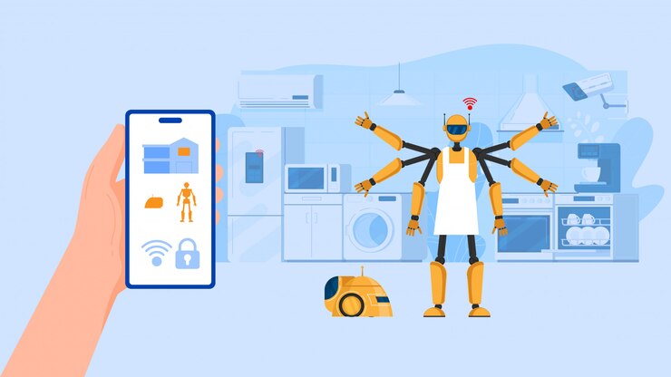 Vector online management, smart home, automated home assistant, intelligent house, flat  illustration. hand holding smartphone, robot.