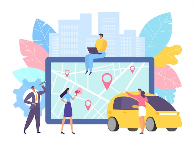 Vector online map navigation for car at large tablet,  illustration. business people near device with transport application