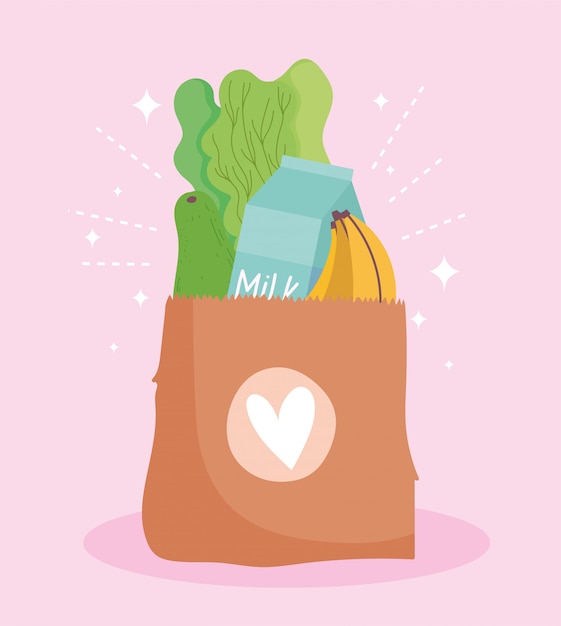 online market, paper bag with fruit vegetable and milk food grocery shop home delivery illustration