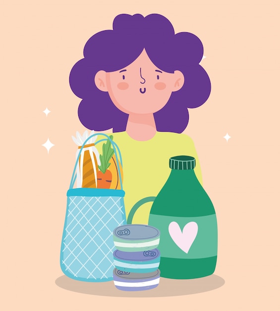 Online market, woman with bag juice bottle bread, food delivery in grocery store  illustration