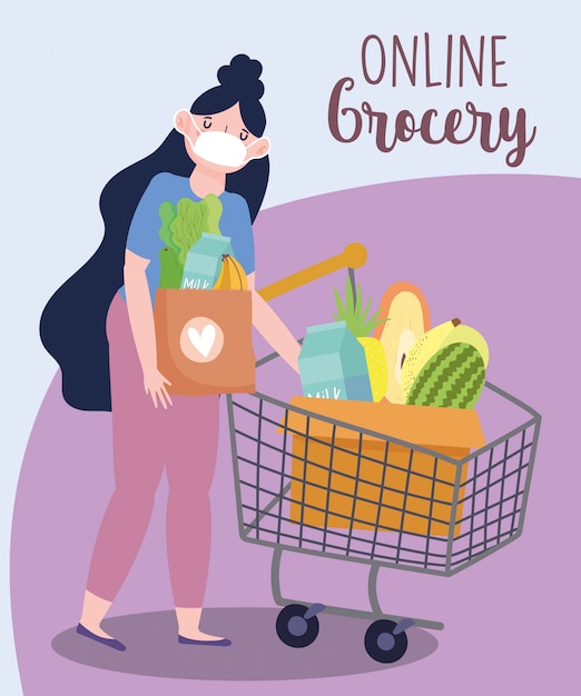 Vector online market, woman with mask and shopping cart and basket, food delivery in grocery store