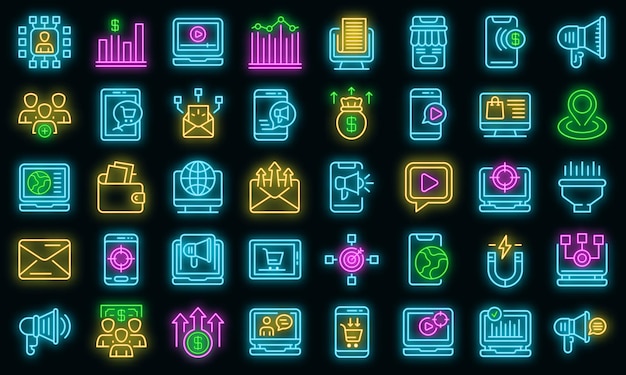 Online marketing icons set vector neon